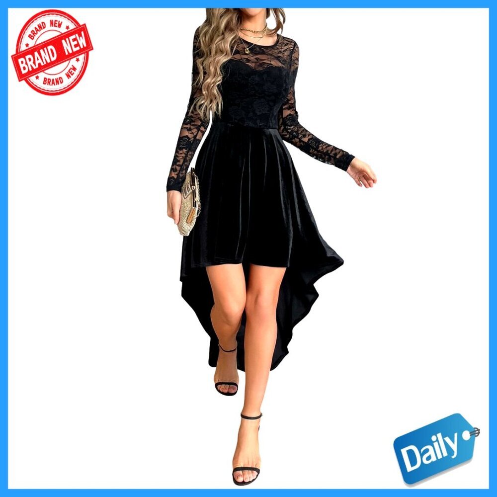Lace Velvet Cocktail Dress Elegant Gothic High Low Hem Long Sleeve Party Wear